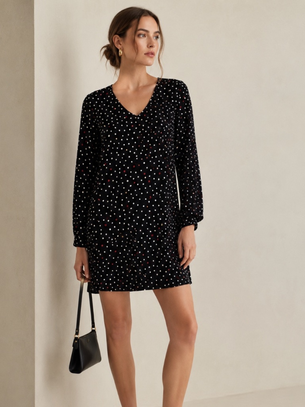 Mango Women's Polka Dots Dress V-Neck Shift Black Red Long Sleeve Size Small